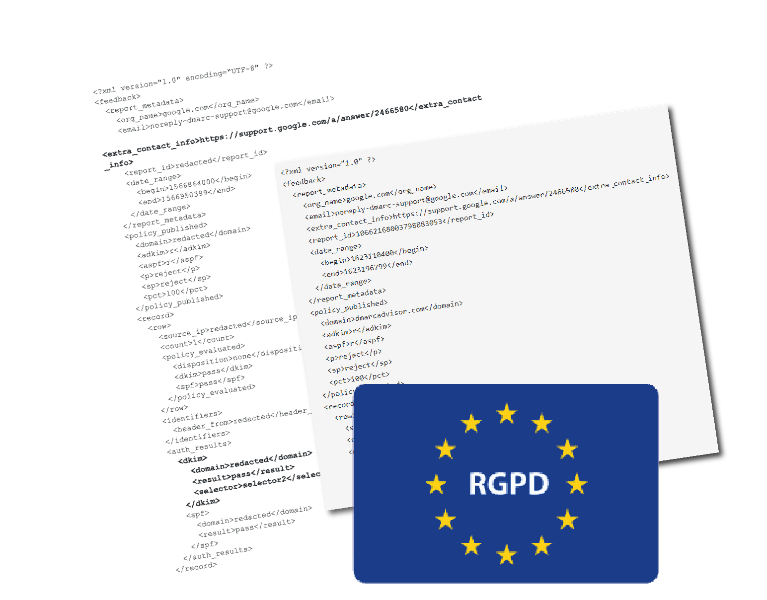 Rapports DMARC au format XML dont les champs identifiants ont été remplacés par la mention redacted, à côté du logo RGPD