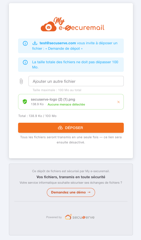Page de dépôt affichant un fichier analysé avec la mention aucune menace détectée