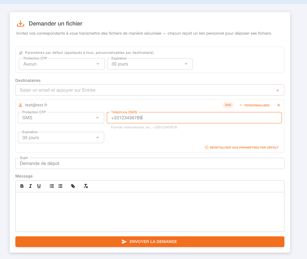 Formulaire de demande de fichier, avec la protection par code SMS personnalisée pour un destinataire