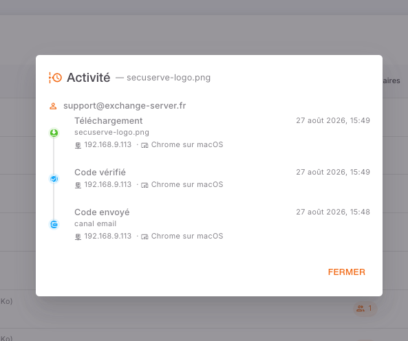 Journal d'activité d'un partage : code envoyé, code vérifié puis téléchargement, avec horodatage, adresse IP et navigateur