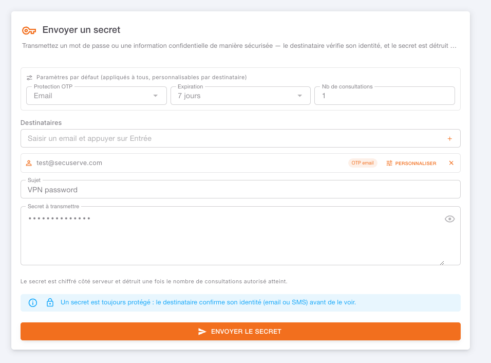Formulaire d'envoi de secret, avec expiration et nombre de consultations limité