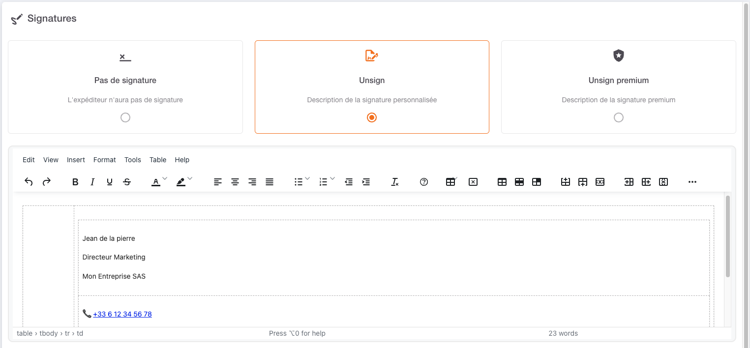 Éditeur de signature Unisign avec ses trois modes et son éditeur de texte enrichi