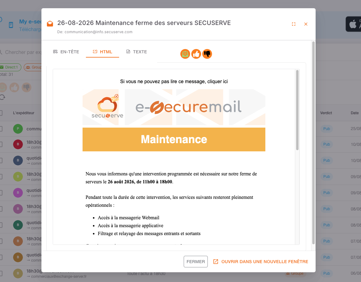 Prévisualisation d'un message en quarantaine, avec les onglets En-tête, HTML et Texte